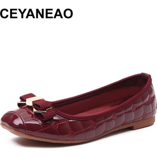 CEYANEAO Elegant Bowtie Patent Leather Flats Women Boat Shoes Casual Flat Heel Brand Shoes Womens Flats Soft Design Plus Size