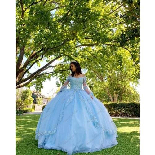 Elegant Light Blue V neck Juliet Long Sleeves Cheap Quinceanera Dress Prom Formal Graduation Dresses Ball Gown Applique XV Lace