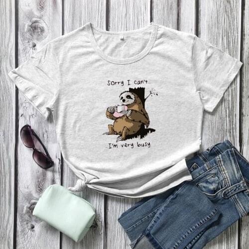 Cotton Women Summer T-shirt Short Sleeve Funny Lazy Sloth Tee Tops Couple Clothes femme WX239