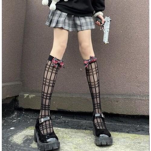 Lolita Kawaii Fishnet Stockings Female Harajuku Dark Bow Black Mesh Calf Socks College Loli Girl Breathable Knee-length Socks
