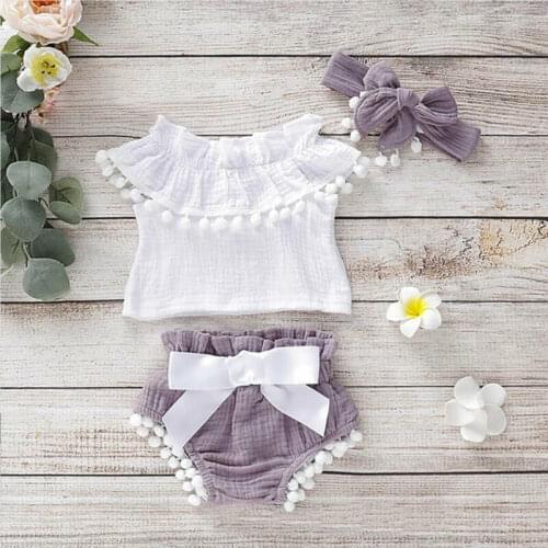 PUDCOCO 3PCS Newborn Infant Baby Girls Kids Ruffle Tops Tassel Shorts Pants Summer Cotton Linen Clothes Headband Outfits 0-24M