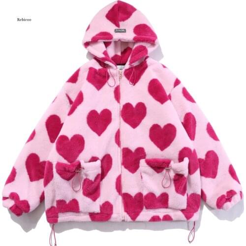 Heart Print Jacket Women for Valentines Day Winter Zipper Hooded Flannel Parka Harajuku Lambswool Sherpa Streetwear Couple Coat