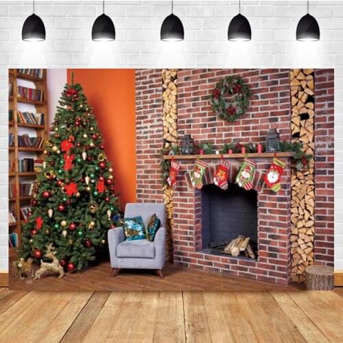 Laeacco Indoor Brick Wall Fireplace Christmas Tree Socks Birthday Portrait Backdrop Photographic Photo Background For Photo Stud