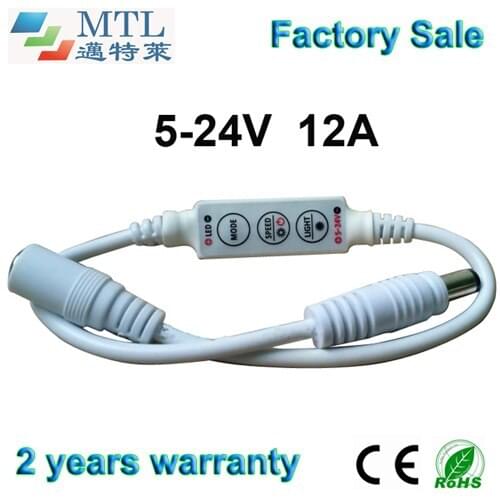Mini LED dimmer 5-24V / 12A with ON/OFF switch, 50 pcs/lot, white DC plug, for single color LED strip, Factory Wholesale
