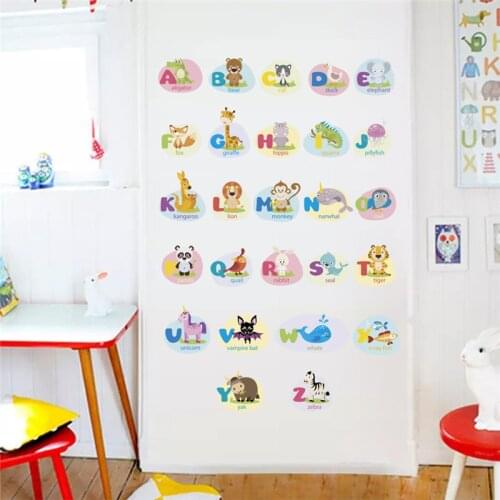 Cartoon Animals English Alphabets Wall Stickers For Kindergarten Kids Room Home Decoration Nursey Decals Diy Safari Mural Art