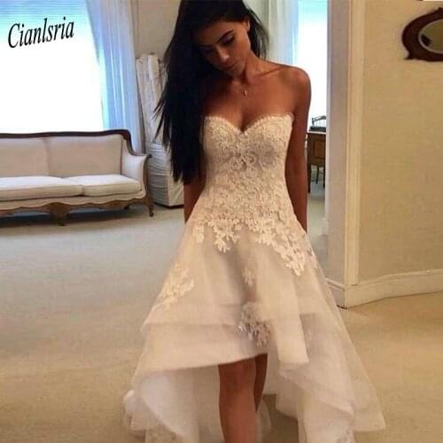 Charming Sweetheart Sleeveless High Low Beach Wedding Dress 2020 Appliques Lace Short Wedding Gowns vestido de noiva