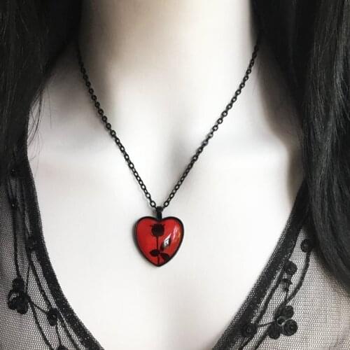 Black Rose Necklace, Red Heart Pendant, Glass Cameo Necklace, Gothic Victorian, Romantic Valentine Gift Idea, Gothic Jewelry