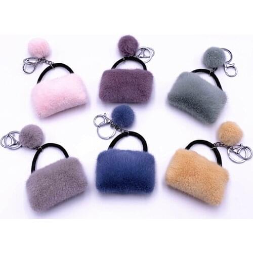 Cute Girls Fluffy Fur Pompom Mini Handbag Charm Keychain Women key holde Girl Bag Cars Simple Fluffy Keyring Jewelry Gifts
