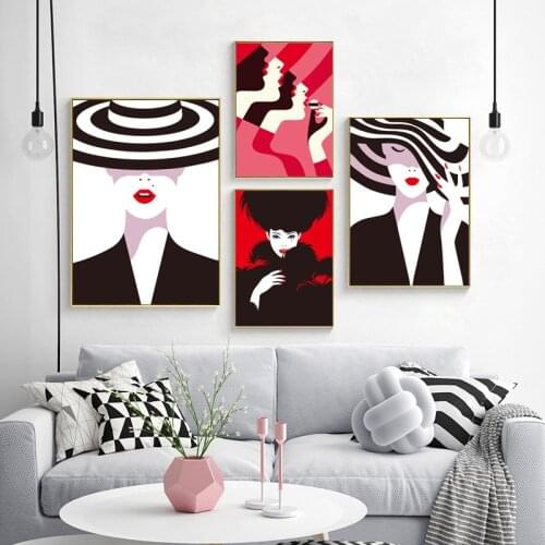 Top Hat Elegant Lady Pretty Girl Black and White Poster Print Fashion Canvas Painting For Living Room Girls Room Wall Decor