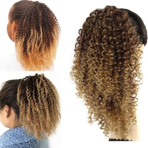 Ombre Brown Blonde Ponytail Extensions Afro Kinky Curly Human Hair Clip in Drawstring Ponytail Hair Extensions 4B 4C Hairpieces