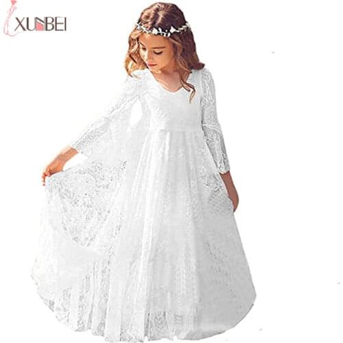 Xunbei 2-15 Years Kids Flower Girl Dress Princess White Lace First Communion Dress Evening Party Robes de vestido de fiesta de