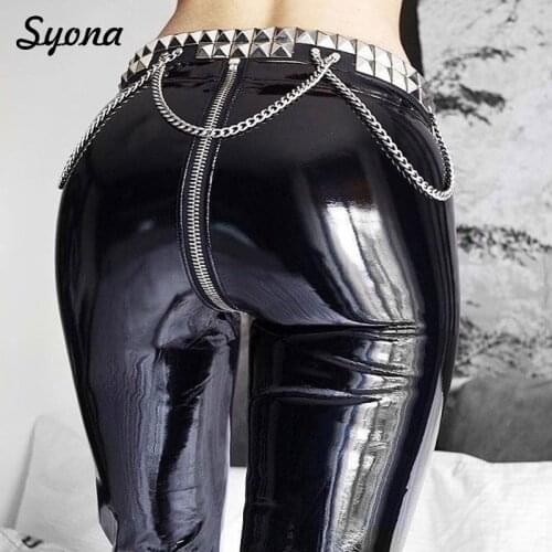 Women Sexy PU FAUX LEATHER PANTS Punk Rock Open Crotch Zipper Black Skinny High Waist Female Trousers Tight Push Up Night Club