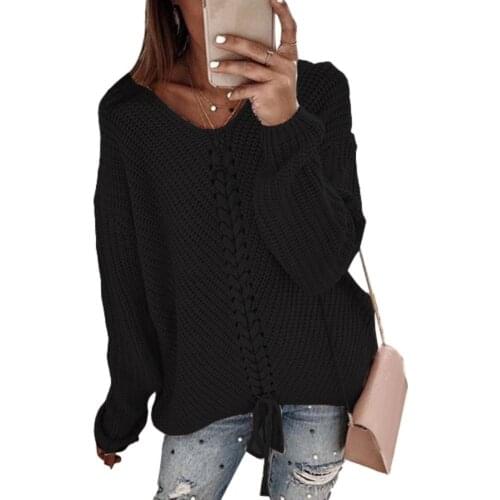 50% Dropshipping Autumn Winter Women Solid Color V Neck Bandage Long Sleeve Sweater Jumper Top