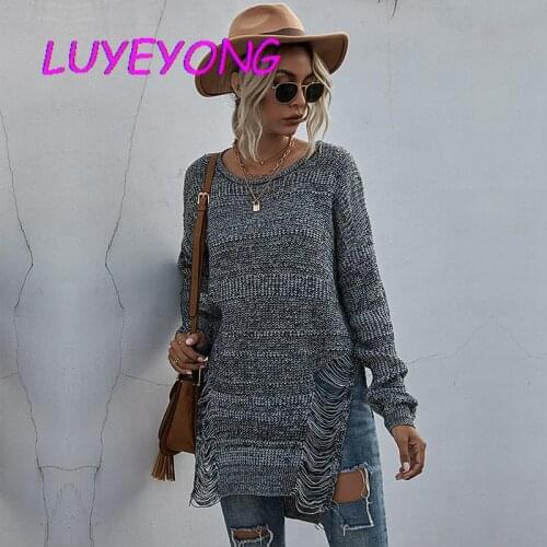 Gray Goth Women Sweater 2020 Winter Lady Pullover Hole Hollow Out Cool Long Sweaters Split Irregular Length Gothic Knitted Top