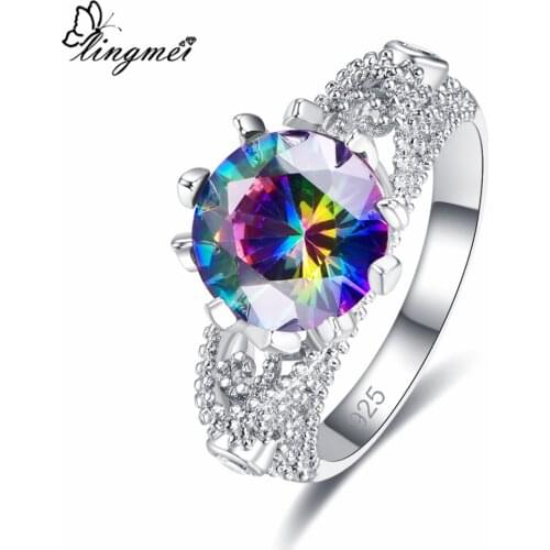 Lingmei Wedding Band Birthstone Jewelry Fashion Multi & White Cubic Zircon Silver Color Jewelry Ring Size 6-9 Valentine
