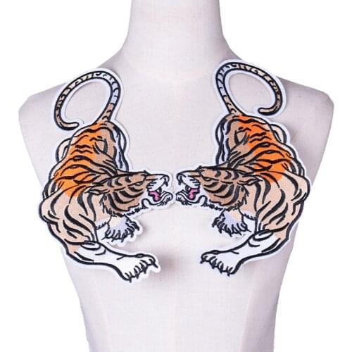 1 Pair Embroidered tiger Animal Patches for Clothing Iron Sewing on Garment Applique Motor Jacket Scrapbooking