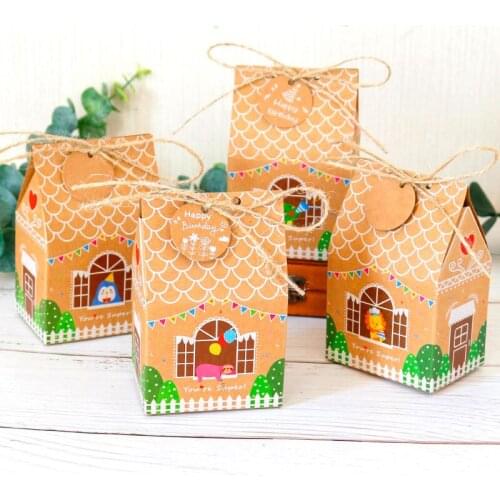 12pcs House Kraft Paper Candy Box DIY Favor Gifts Boxes With Tag Rope Baby Shower Birthday Wedding Christmas Party Decoration