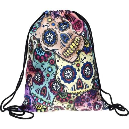 20PCS / LOT Black Skull Drawstring Bags 3D Printed Travel Backpack Polyester Fitness Pouch Pouch Wholesale