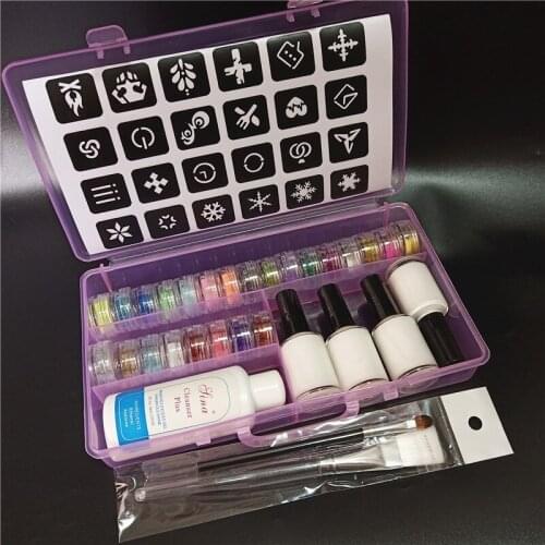 24 Colors Power Glitter 2 Brushes 4 Glues Hollow Template Temporary Tattoo Kit for Kids Tool Face Body DIY Nail ART