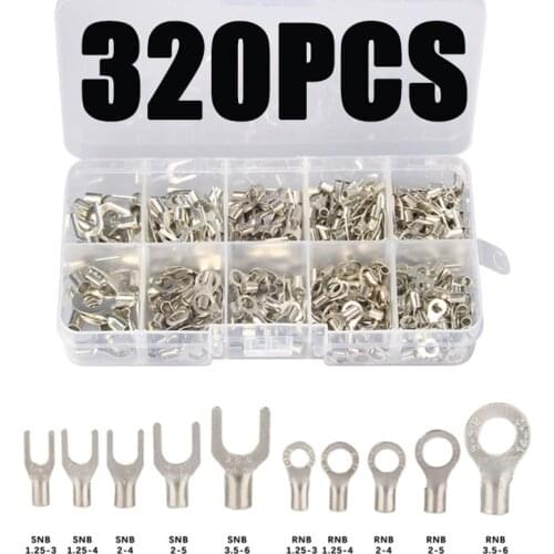 320Pcs/Set 10 In 1 Assorted Non-Insulated Ring Fork U-type Brass Terminals Assortment Kit Wire Connector Crimp Spade Terminals