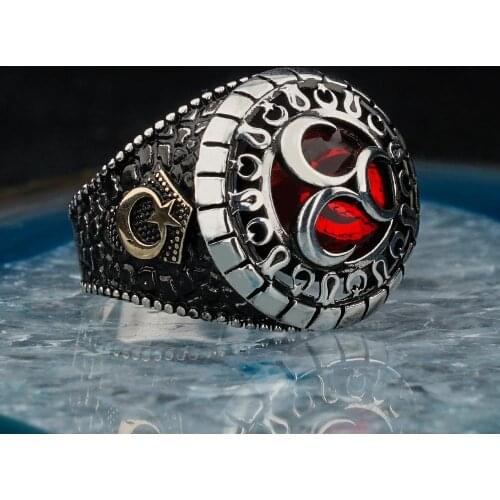 925 Sterling Silver Triple Moon Mens Ring Rectangular with Tiger Eye Stone Knit Pattern Vintage Gift Jewelry Fasion Agate Zirco