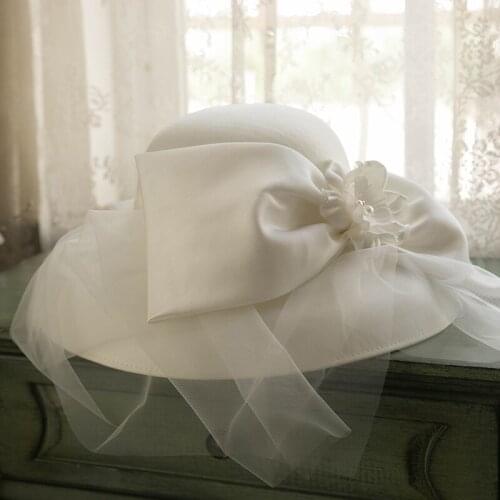 French Elegant Bridal Headwear Handmade Flowers Bride Sun Hat White Satin tocados para el pelo de mujer para boda