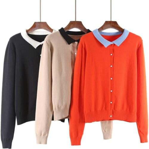European American New Style Autumn Contrast Lapel Long Sleeved Base Sweater Fashion Trend Slim All Match Womens Pullover Top