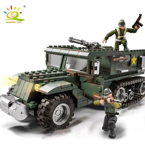 HUIQIBAO 499PCS WW2 Military Half-Track Armored Truck Vehicle Building Blocks Army Soldier Weapon Car Bricks Toys for Children