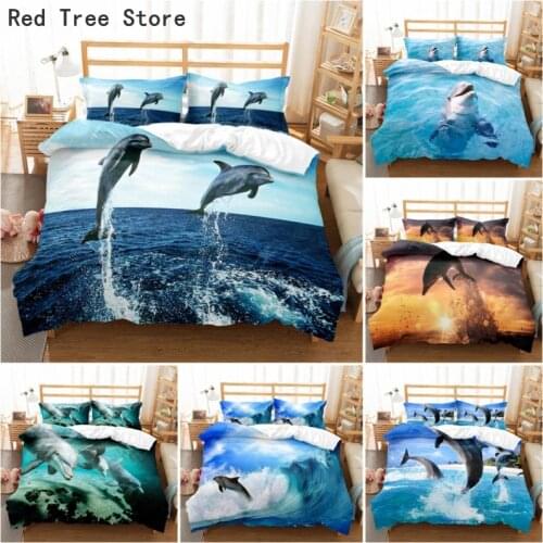 Dolphin In Blue Sea Queen King Size Bedding Set 3D Cute Animal Single Quilt Duvet Cover Set Kids Boy Adults Bed Linen Bedclothes