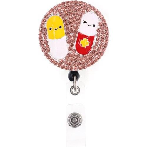 Medical Pill Capsule Doctor Hospital Gift Nurse Retractable Rhinestone Badge Holder Reel With Clip