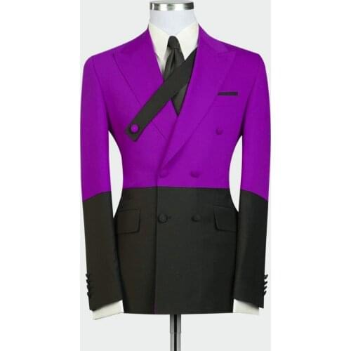 2021 Mens Suit Purple Black Formal 2 Piece Slim Fit Double-breasted Peaked Lapel Prom Tuxedo Wedding Groomsmen (Blazer+Pants)