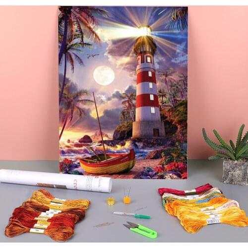 Landscape Lighthouse Pre-Printed 11CT Cross Stitch Full Kit DIY Embroidery DMC Threads work Handiwork Craft Knitting Decor