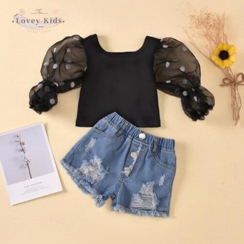 Toddler Girl Fall Clothes 2020 Puff Sleeve Dot Print Mesh Patchwork Tops Cotton Set Denim Shorts Trousers Children 1-6Y