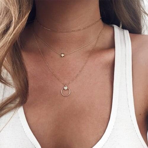 Bohemian Retro Choker Necklaces For Women Charming Three Layers Gold Color Star Round Chain Pendant Fashion Ladies Jewelry Gift