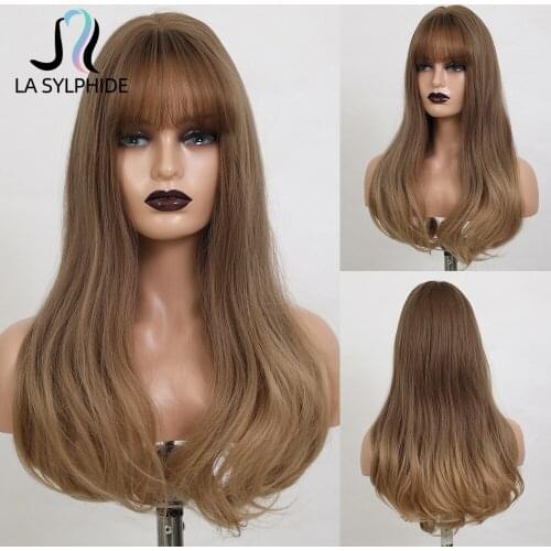 La Sylphide Daily Party Wig Long Natural Wave Root Dark Brown Ombre Light Blonde Synthetic Wigs with Bangs for Black White Woman