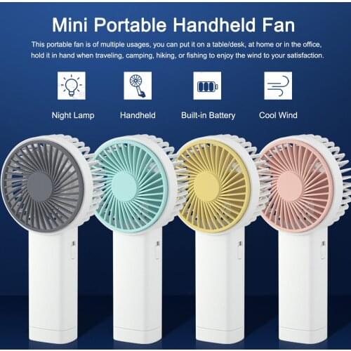 Mini Handheld Fan Portable Cooling Fan Personal Fan Desk Fan Night Lamp USB Rechargeable with Lanyard for Travel Office Home Use