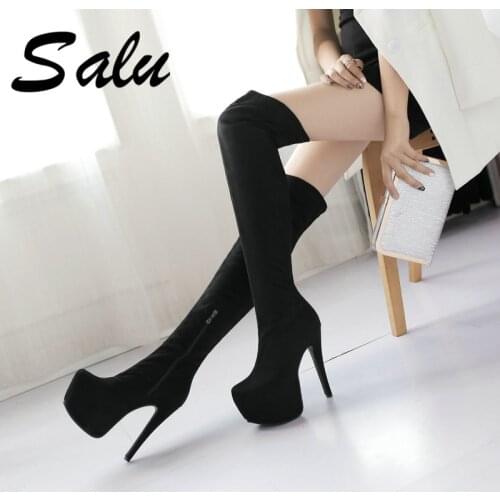 Salu 2020 New Thigh High Boots Women Autumn Winter Platform Shoes Round Toe 14.5cm Thin High Heels Over The Knee Boots Szie 44