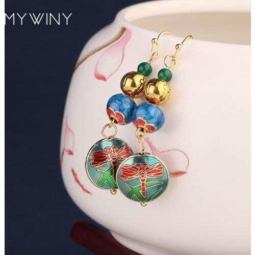 3 colors NEW MYWINY fashion Copper colorful jewelry vintage earrings ,Chinese wind enamel cloisonne dragonfly earrings