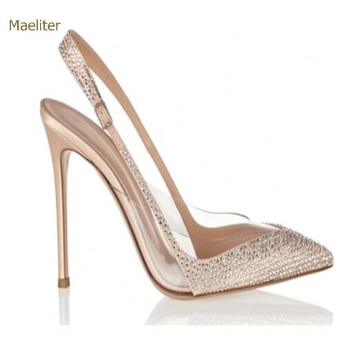 Champagne Gold Bling Bling Crystal High Heel Pumps Pointed Toe Stiletto Heels PVC Rhinestone Pactchwork Slingback Wedding Shoes