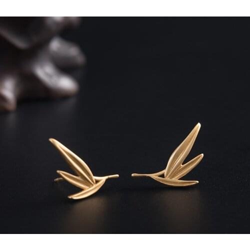 VLA 925 Silver Temperament Fashion Earrings Womens Simple Gold Color Bamboo Leaf Stud Earrings 2021 Trend Personality Jewelry