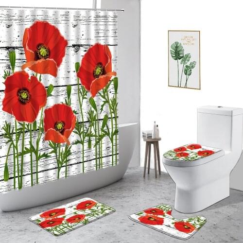 Red Poppy Flower Waterproof Shower Curtain Plants Flowers Bathroom Decoration Curtains Set Non-Slip Bath Mat Toilet Cover Carpet