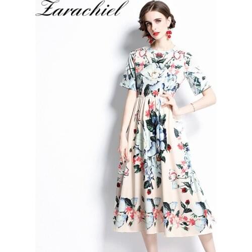 Runway Designer Floral Dresses 2021 Summer Women Short Sleeve Round Collar Fixed Flower Printed Elegant Midi Party Vestidos