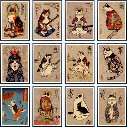 Japanese samurai cat tattoo cat retro poster vintage wall art printed painting living room bedroom decor wall stickers