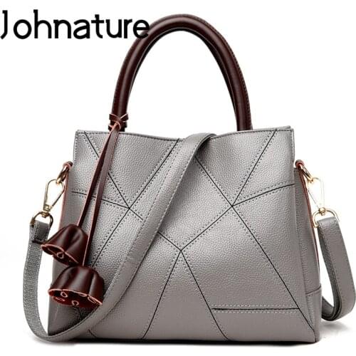 Johnature Luxury Handbag 2021 New Fashion Large Capacity Women Bag Soft Leather Casual Tote Solid Color Shouler Messenger Bags
