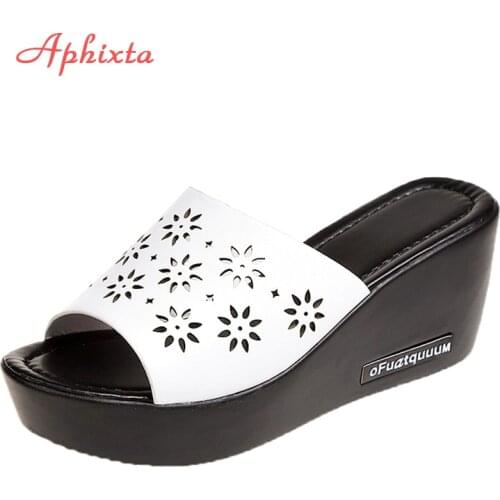 Aphixta Platform Slippers Women Wedge Slides Fish Mouth Sandals Leather Wedges High Heels Sandals Peep Toe Slipper Woman Shoes