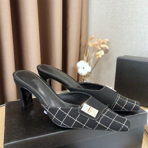 New High Quality Metal Decor 7cm High Heel Slippers Female Plaid Denim Runway Toe Slides Summer Sexy Banquet Dress Shoes Lady
