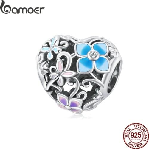 Bamoer Silver Hollow Flower Butterfly Charm Colored Heart Bead 925 Sterling Silver for Original Bracelet Bangle Women SCC1836