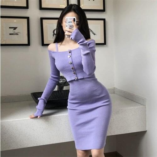 New Fashion Autumn Two Pieces Women Short Knitted Sweaters + Knitted Tank Dress Long Sleeve Knitting Sweater Bottomings WZ1456