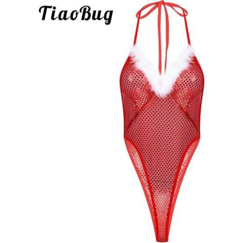 TiaoBug Women Christmas Red Shiny Sequins Feather Trim Halter Santa Lingerie Bodysuit Lady Xmas Festival Rave Hot Sexy Clubwear