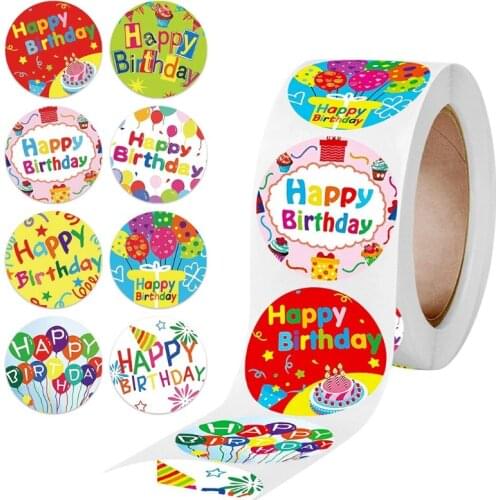 500Pcs/Roll Happy Birthday Stickers Colorful Balloon Cake Round Seal Labels for Party Gift Packaging Scrapbooking Cards Decor